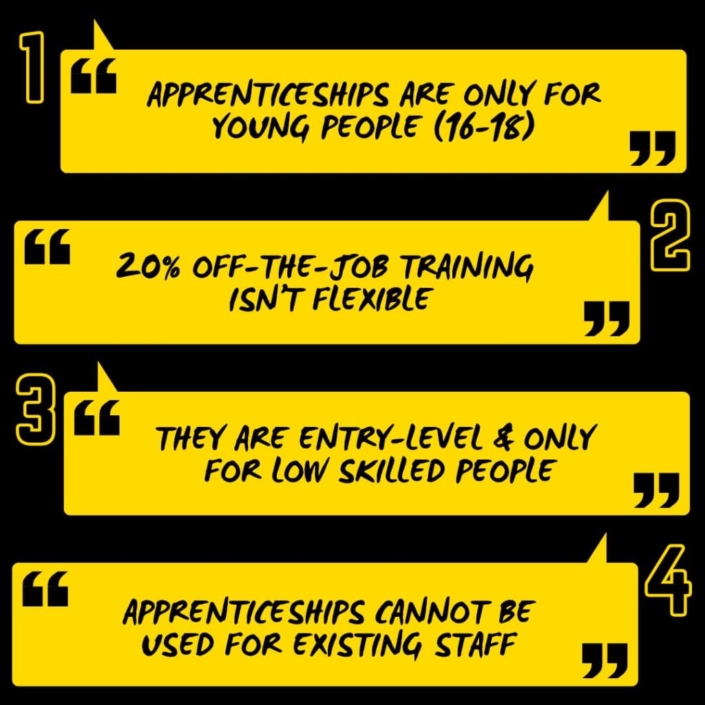 Common apprenticeship myths:
1. Apprenticeships are only for
young people (16-18)
2. 20% off-the-job training 
isn’t flexible
3. they are entry-level & only 
for low skilled people
4. Apprenticeships cannot be
used for existing staff